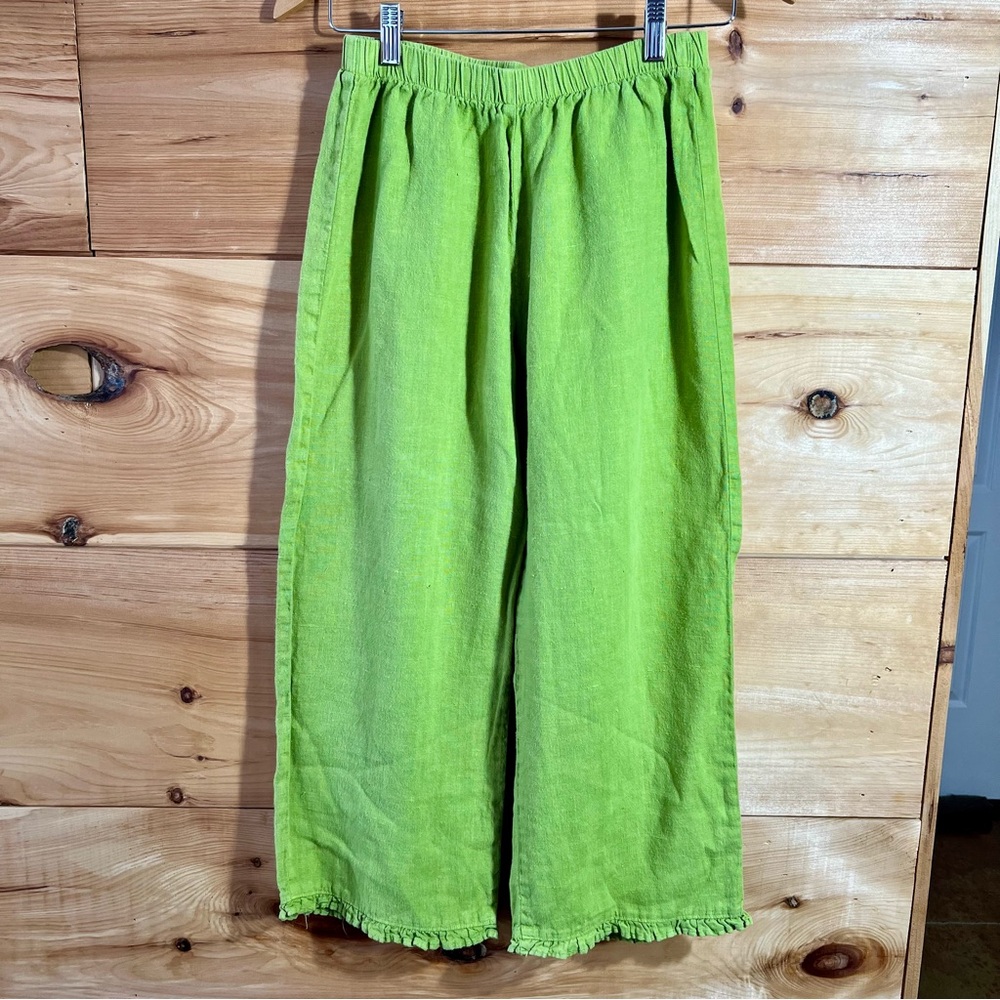 Goddess Gear Lime Green Linen Cropped Pants with Ruffled Hem Cottagecore